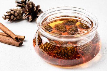 Traditional Siberian pine cone jam in a jar. Space for text.