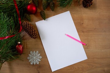 Christmas Decorations Mockup on Wood Table Top View