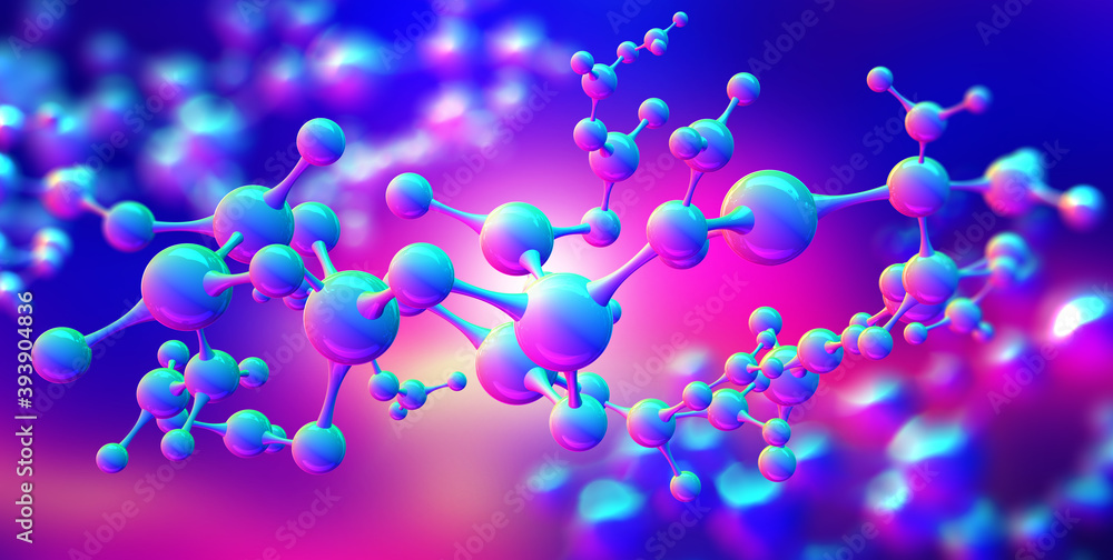 Poster bright, purple, neon. science background with molecule. abstract atomic structure for science or med