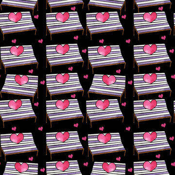 Seamless pattern benches hearts background on black