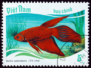 Postage stamp Vietnam 1988 Siamese fighting fish, tropical fish