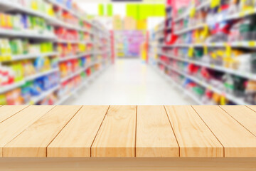 Wood floor and Supermarket blur background, Product display, template,