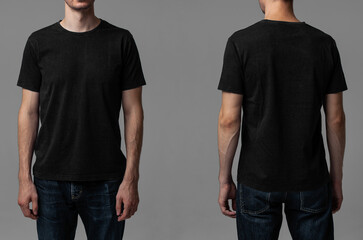 Young male in blank black t-shirt, front and back view. Design men t shirt template and mock-up for...