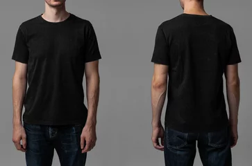 Fotobehang Young male in blank black t-shirt, front and back view. Design men t shirt template and mock-up for branding or print.  © alexburakov12