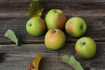 Green apples and autumn leaves on the table