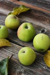 Green apples and autumn leaves on the table