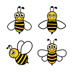 Bee character set icon. Cute bees collection. Vector illustration isolated on white.
