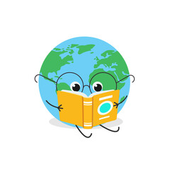 Cute smart globe cartoon reading a book