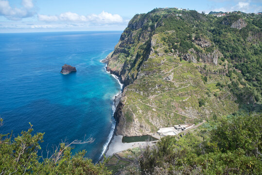Upper view of the Calhau de S&atilde;o Jorge beach in the island of Madeira, Portugal