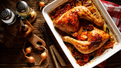 Baked chicken leg quarters with herbs and spices served in a baking dish on a wooden table top view