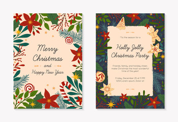 Set of Christmas and Happy New Year greetings and party invitations templates.Modern vector layouts with traditional winter holiday symbols.Xmas trendy designs for banners; invitations; prints.