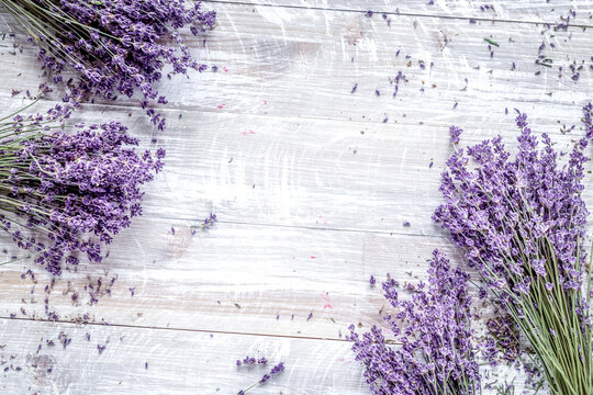 Dry Lavander Design With Bouquet On Wooden Background Top View Mockup