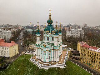 Aerial drone view. St. Andrew's Church in Kiev.
