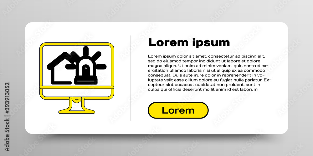 Poster line computer monitor with smart house and alarm icon isolated on white background. security system 