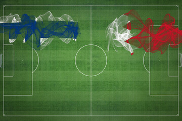 Finland vs Bahrain Soccer Match, national colors, national flags, soccer field, football game, Copy...