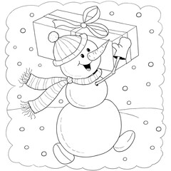 New Year. Christmas. A cute snowman. Illustration for children. Coloring page. Cute and funny cartoon characters