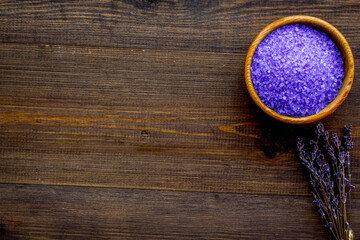 aroma therapy with lavender flower fragrance and spa salt on wooden background top view space for text