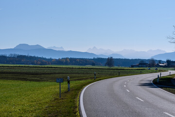 Alpenblick mit Straße  Wiese und Bäumen im Chiemgau bei blauem Himmel