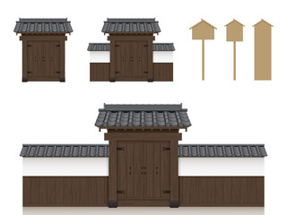 武家屋敷の門と塀の和風イラスト素材_瓦屋根_木_扉_看板