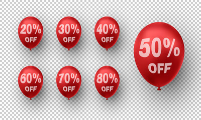 Trendy red balloons with discounts percentage. Vector illustration