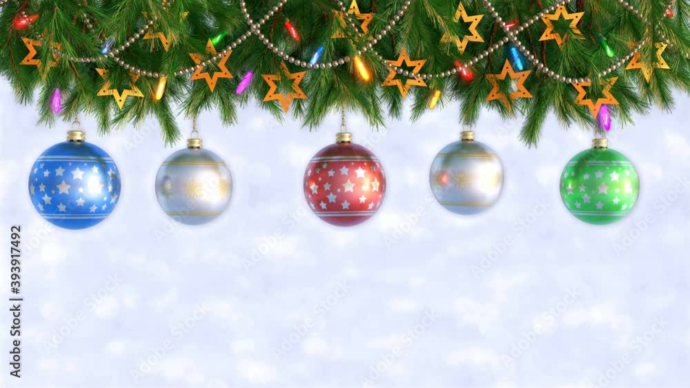 Wall mural christmas decorations hanging and rotating from twigs- 3d render. seamless loop