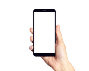 Hand Holding a Blank Smartphone Against a White Background