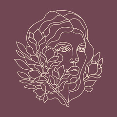 Portrait of a beautiful woman with a white line on a dark background. Vector illustration for printing on cards, poster. A lot of magnolia flower on a branch intertwined with the girl s hair. Line art