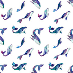 Pattern with watercolor whales on a white background