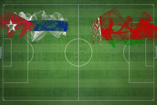 Cuba vs Belarus Soccer Match, national colors, national flags, soccer field, football game, Copy space
