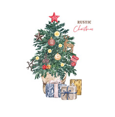 Watercolor holiday fir tree in rustic style. Festive green pine tree with light garland, glass balls, ornaments and wrapped gift boxes. Natural minimalist Christmas concept. Winter illustration.