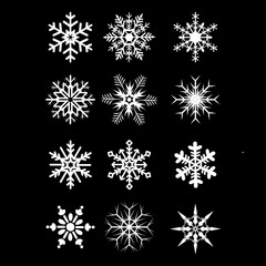snowflake winter set of white isolated on black background, set of vector snowflakes