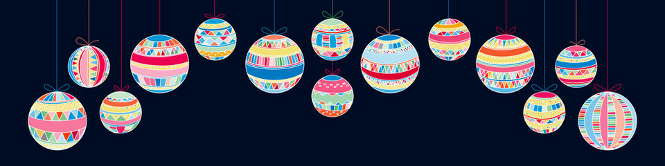 Christmas horizontal banner set of isolated colourful stylised balls hanging on ribbons on dark backgound. Simple xmas tree decor symbol isolated vector Illustration Outline kit of hang christmas ball