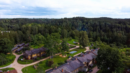 Old Wooden Houses Built for Paper Mill Workers in Ligatne. Wooden Row House Aerial Dron Shot