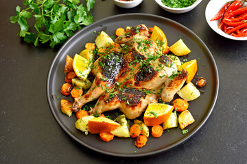 Grilled chicken with vegetables on plate