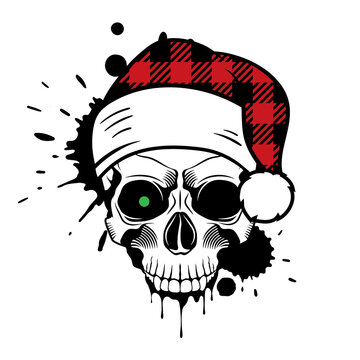Vector skull with Santa hat. Christmas 2020. Paint splashes and drips. Grunge vector illustration