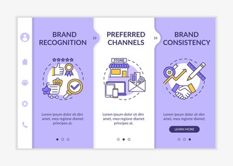 Brand marketing onboarding vector template. Brand recognition, consistency. Responsive mobile website with icons. Preferred channels. Webpage walkthrough step screens. RGB color concept