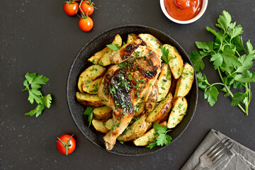 Grilled chicken with potatoes on plate