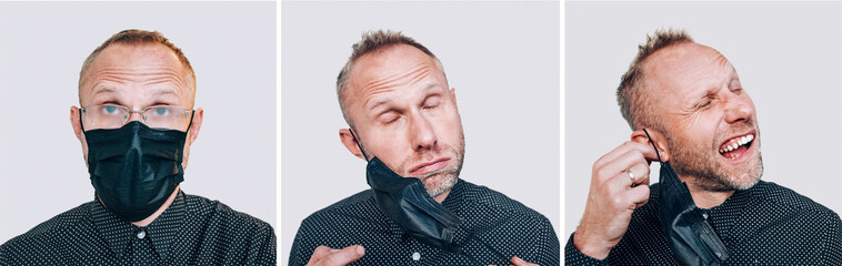 Obraz premium Collage Portraits of tired man removing off a black facial mask during a COVID-19 world pandemic looking at camera in misted glasses. Self-protection and stop virus spreading measures concept image