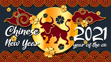 Chinese New Year 2021 background, year of the ox, gold ox, clouds, flower and asian elements