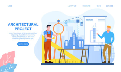 Architecture website web banner or landing page template. Building project and construction work concept. Scheme of house, engineer industry. Flat cartoon vector illustration