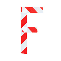 Letter F from red and white warning tape. Isolated on white background