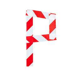 Letter P from red and white warning tape. Isolated on white background