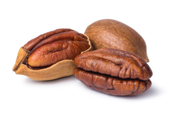 Pecan nut isolated on white background. Walnut in shell and peeled.