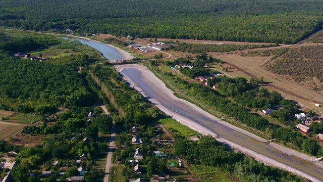 drying up river in a forest village in summer. Drone shooting. Settlement Leninsky Forestry, Rostov District, Alexandrovka