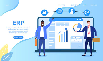 ERP system concept. Enterprise Resource Planning system on virtual AR screen with connections between business intelligence BI, production, HR and CRM modules. Flat cartoon vector illustration