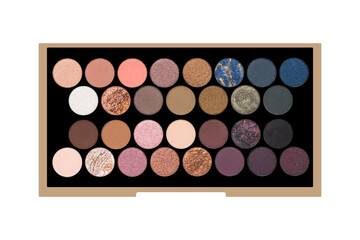 large palette of eyeshadows isolated on white background.