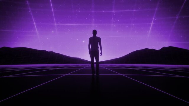 3D Multicolor Man walking in a Cyberspace Landscape Loop SynthWave Background