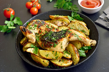 Spatchcocked grilled chicken and fried potato wedges