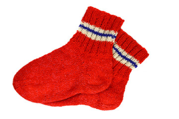 pair of wool knitted winter socks isolated on white