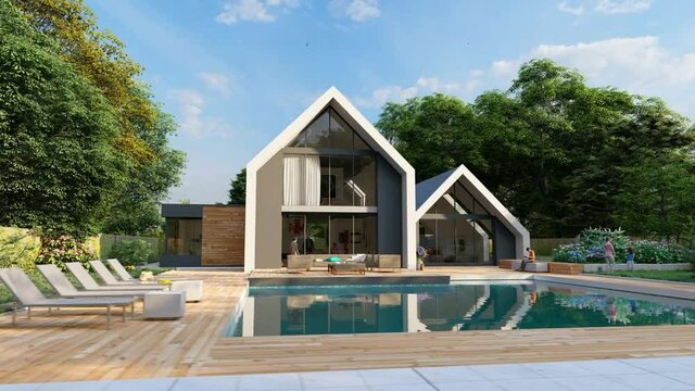 3D animation with a big modern house with a pool and a garden
